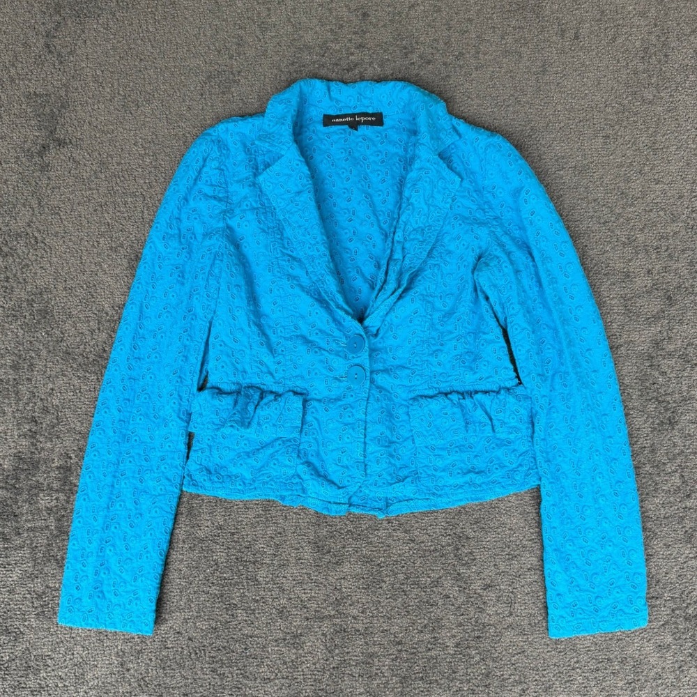 Nanette Lepore Blue Cotton Eyelet Peplum‎ Blazer Jacket Size 4 Made in USA